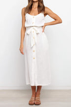 Ladies Loose Casual Solid Color Button Waist Strap Dress