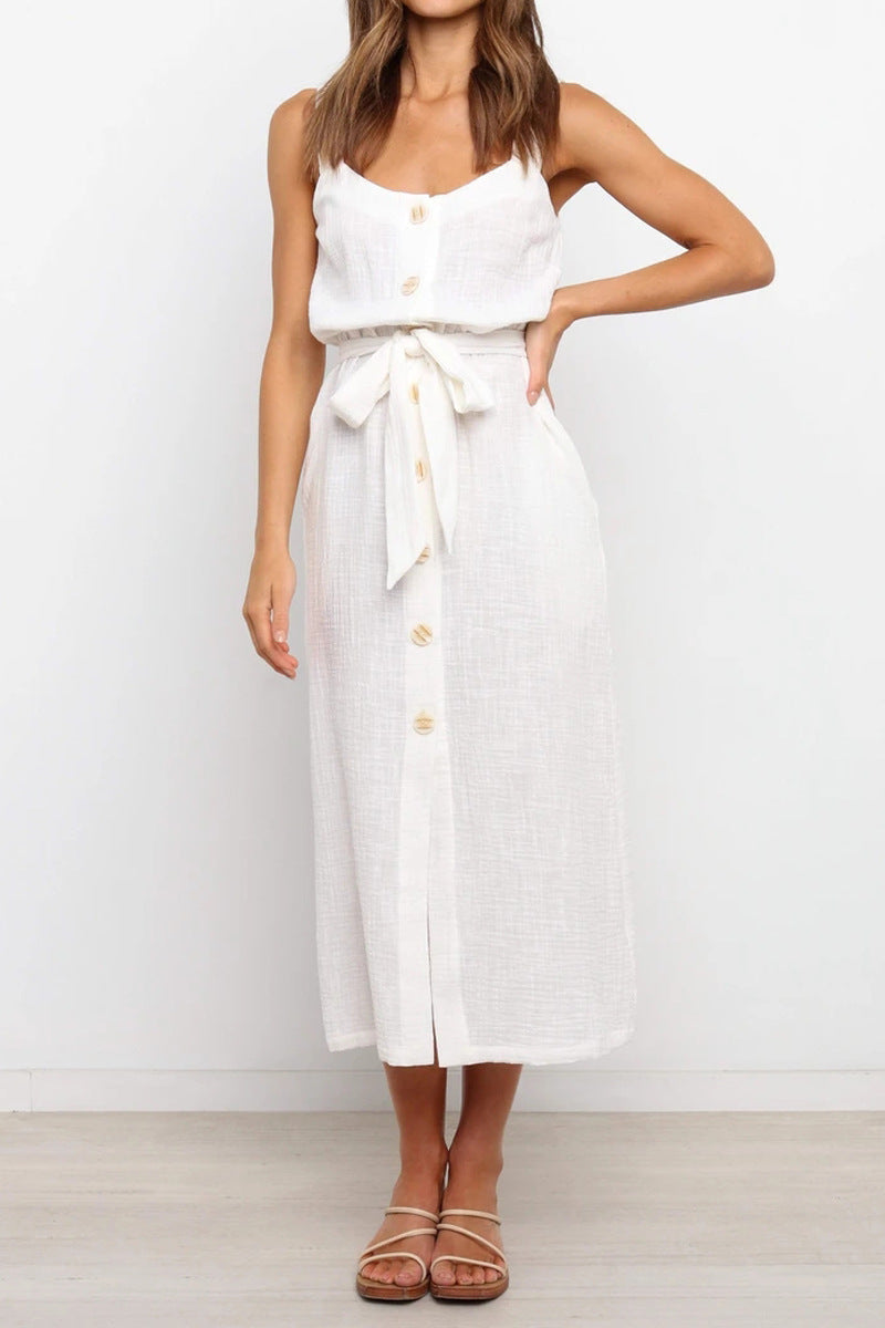 Ladies Loose Casual Solid Color Button Waist Strap Dress
