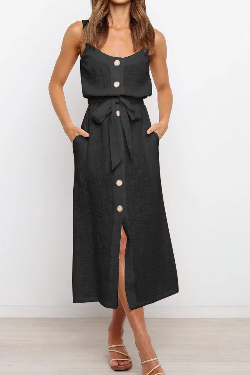 Ladies Loose Casual Solid Color Button Waist Strap Dress