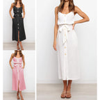 Ladies Loose Casual Solid Color Button Waist Strap Dress