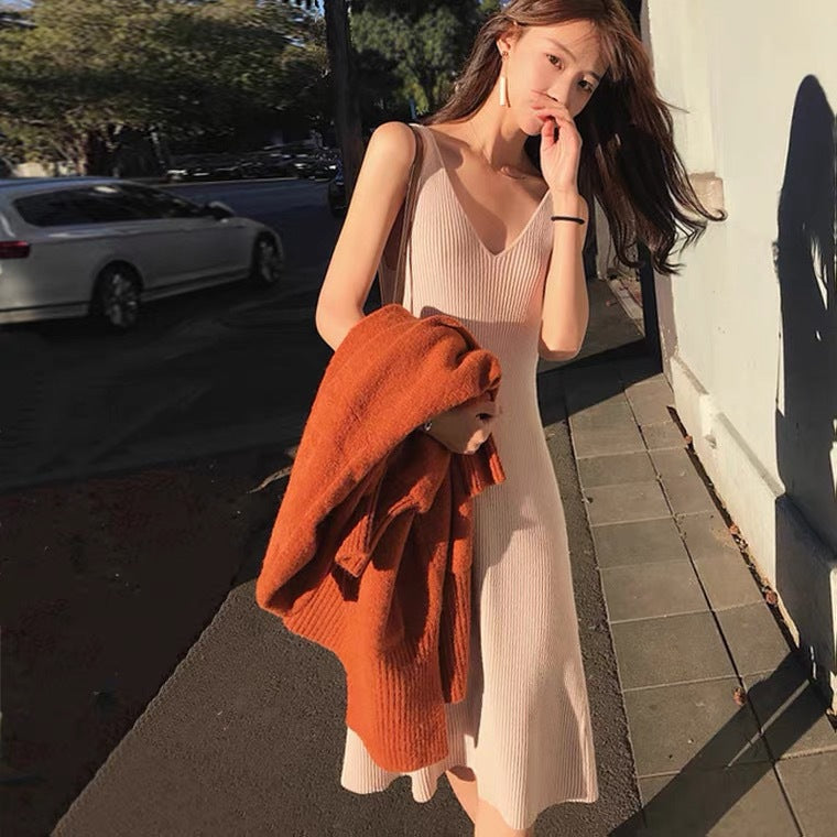 Knitted Suspender Dress Women New Slim High Waist Retro Style Mid Length Skirt Multicolor