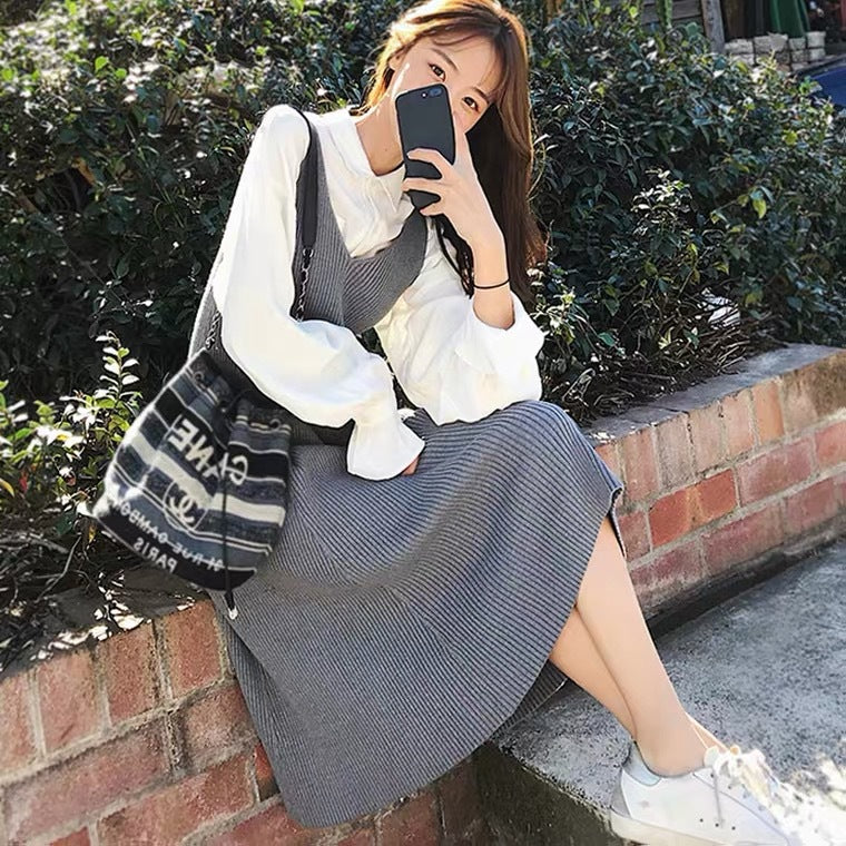 Knitted Suspender Dress Women New Slim High Waist Retro Style Mid Length Skirt Multicolor