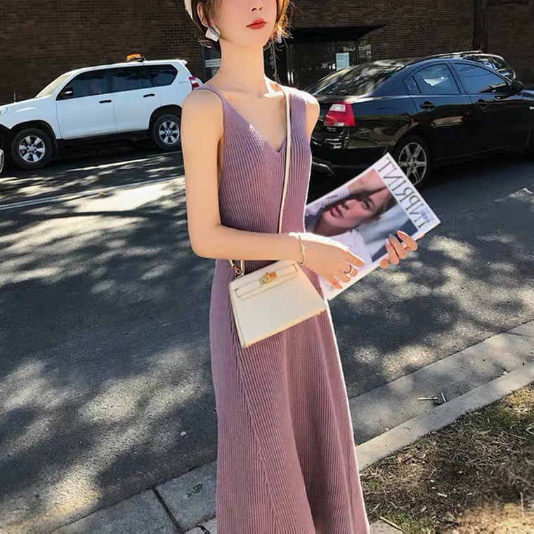 Knitted Suspender Dress Women New Slim High Waist Retro Style Mid Length Skirt Multicolor