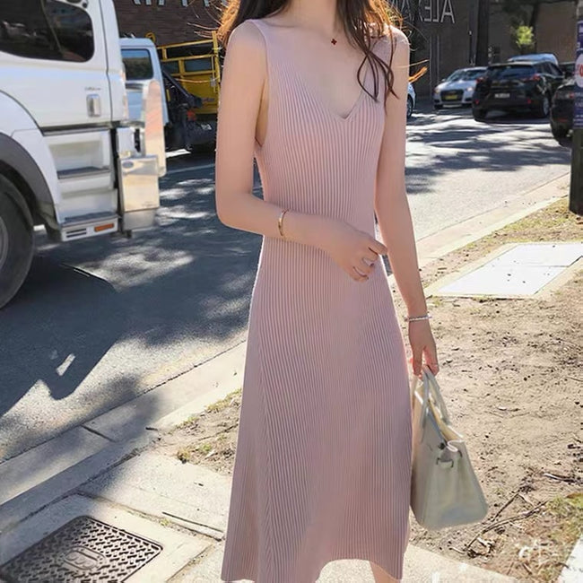 Knitted Suspender Dress Women New Slim High Waist Retro Style Mid Length Skirt Multicolor Hover Image