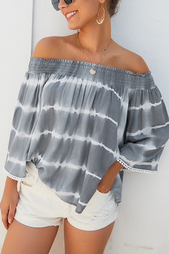 Tie Dye Printed Striped Neckline Off The Shoulder Shirt T Shirt Women Main Image