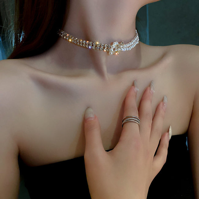 Pearl Crystal Choker Necklaces For Women Short Chain Rhinestone Necklaces Statement Jewelry Main Image