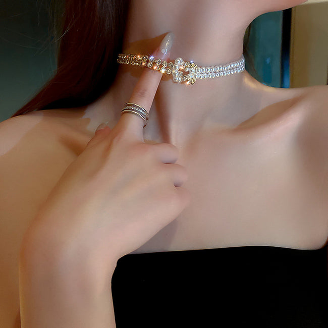 Pearl Crystal Choker Necklaces For Women Short Chain Rhinestone Necklaces Statement Jewelry Hover Image