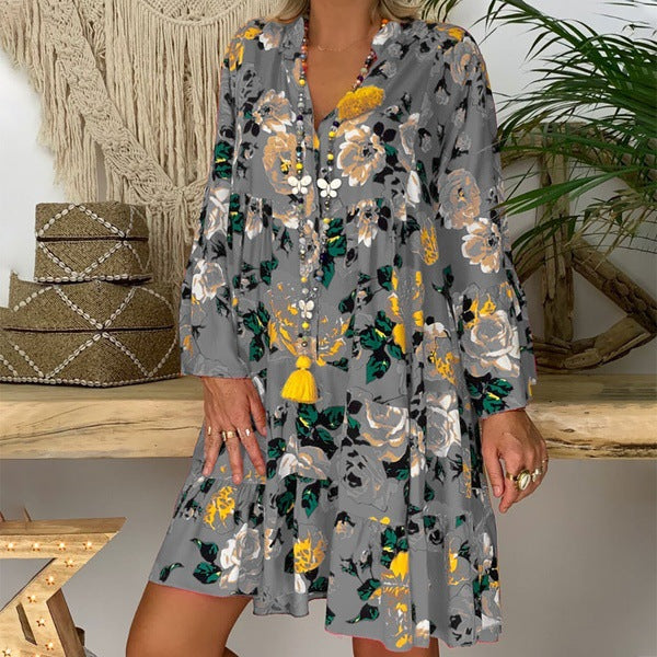 European And American Print Ruffle Dress Main Image