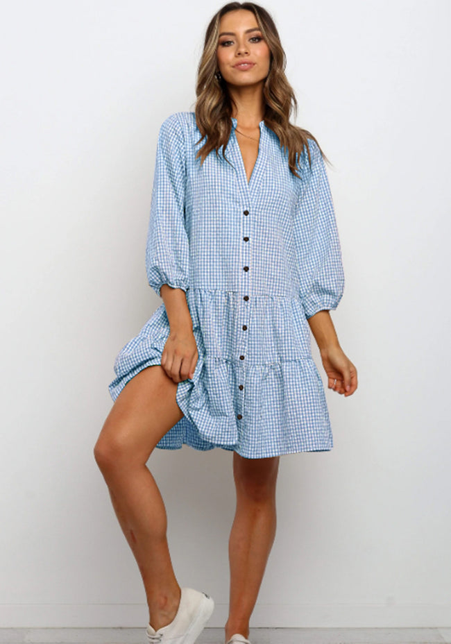 Plaid Printed Ruffle Dress V Neck Button Three-quarter Sleeves Dresses For Women Clothing Main Image