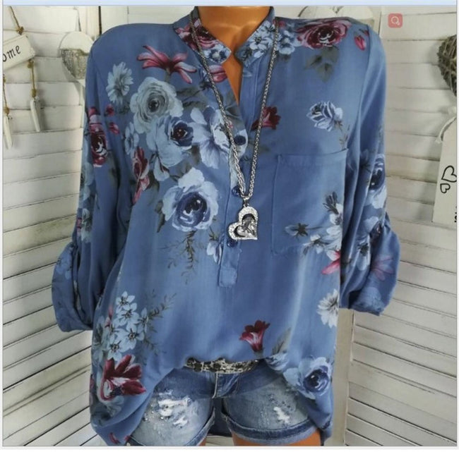 5XL Plus Size Summer Tops Women Blouses Long Sleeve Print Stand Collar Button Blouse Pullover Womens Clothing Shirt Blusa Hover Image