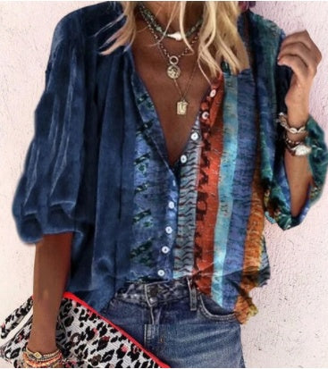 Printed Long Sleeve V-neck Button Ladies Blouse Women Main Image