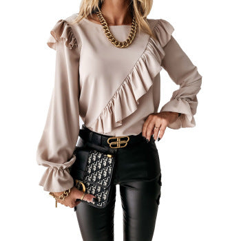 New Style Ruffle Stitching Trumpet Sleeve Bottoming Shirt For Women