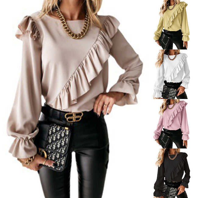 New Style Ruffle Stitching Trumpet Sleeve Bottoming Shirt For Women Hover Image
