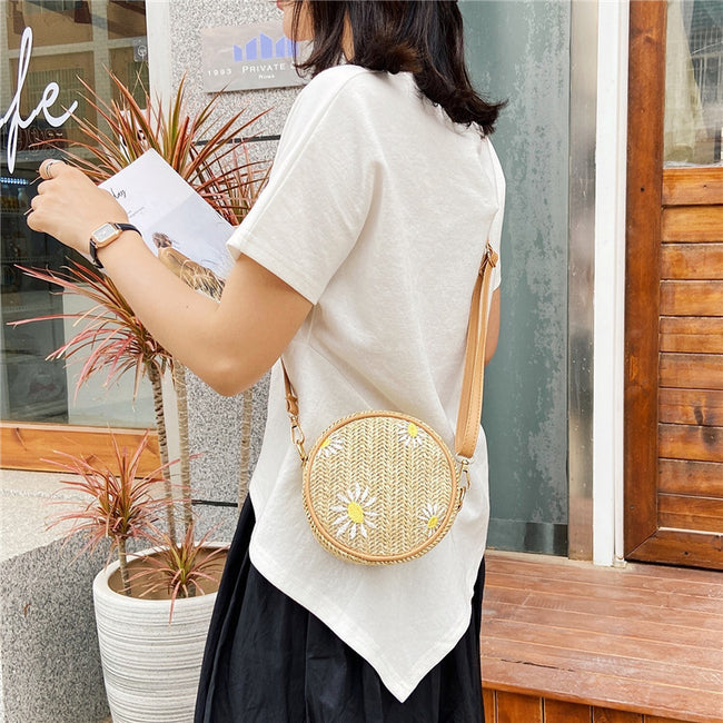 Straw Woven Bag for Women Red Sand Beach Small Round Bag Embroidered Single Shoulder Cross Over knitting Hover Image