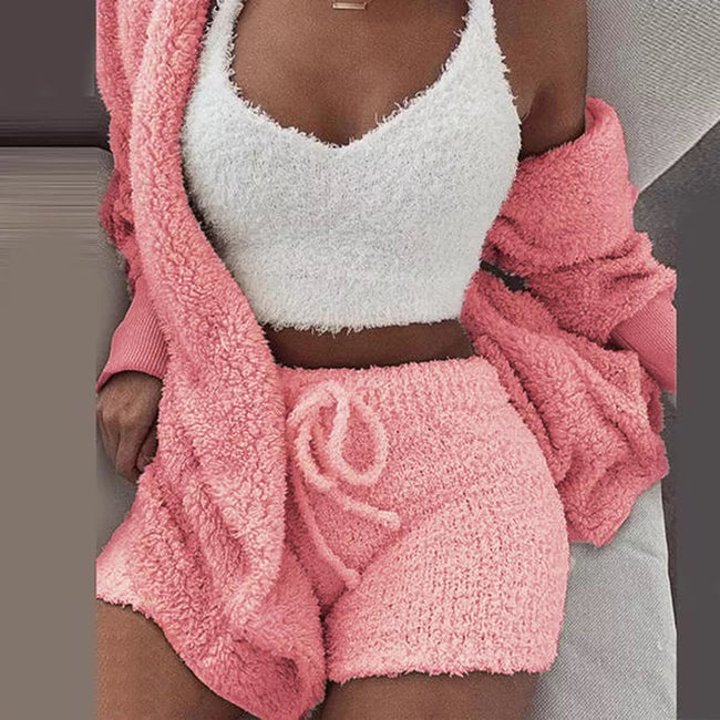 Winter Sexy Women Home Wear Suit Casual Pajamas Set Lady Female Soft Warm Long Sleeve Exposed Navel Vest Shorts Set Main Image