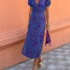 Summer V-neck Short-sleeved Dress Fashion Flowers Printed Slim Beach Dresses For Women Clothing