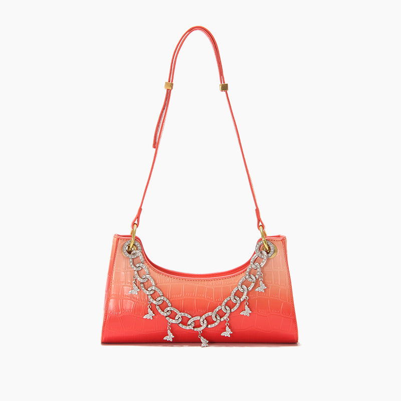 Rainbow Baguette Croc Froggy Gradient Women Shoulder Bags New Fashion Handbag Pearl Chain Diamond Metal Female Bag Summer