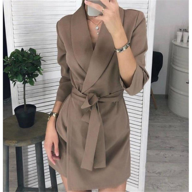 Long Sleeve Notched Collar Solid Casual Elegant Dress Main Image