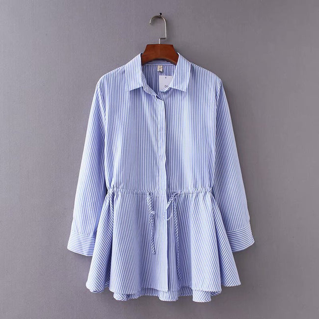 New Style Waist Drawstring Striped Shirt Women Hover Image