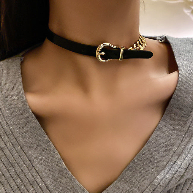FYUAN Golden Chain Choker Necklaces for Women Short Black Leather Button Necklaces Statement Jewelry Hover Image