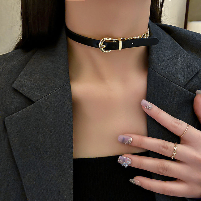 FYUAN Golden Chain Choker Necklaces for Women Short Black Leather Button Necklaces Statement Jewelry Main Image