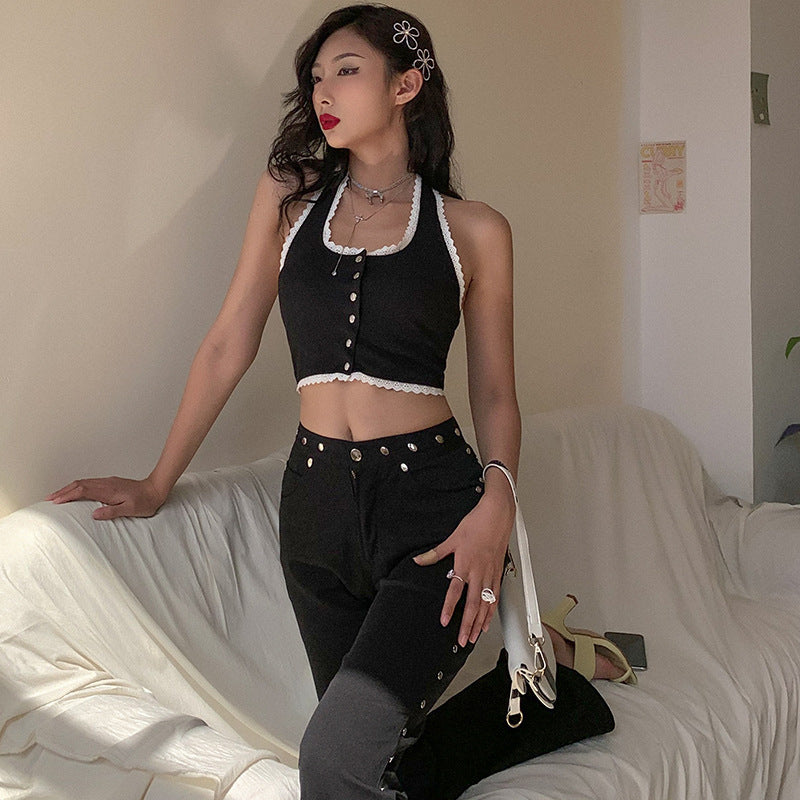 Short Button  Collar Sexy Beauty Back Umbilical Vest Women