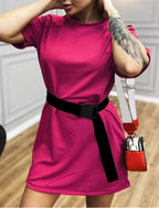 Fashion Loose Belts Ladies Dress Women Short Sleeves Shirt