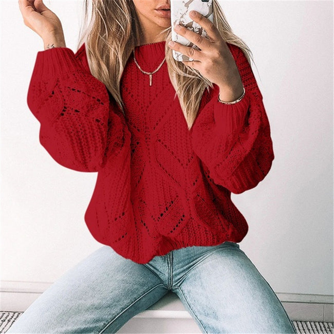 Sweater Women Irregular Hollow V Neck Long Sleeved Sweater Hover Image