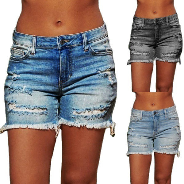 New Style Ripped Fringed High Stretch Denim Shorts Women Hover Image
