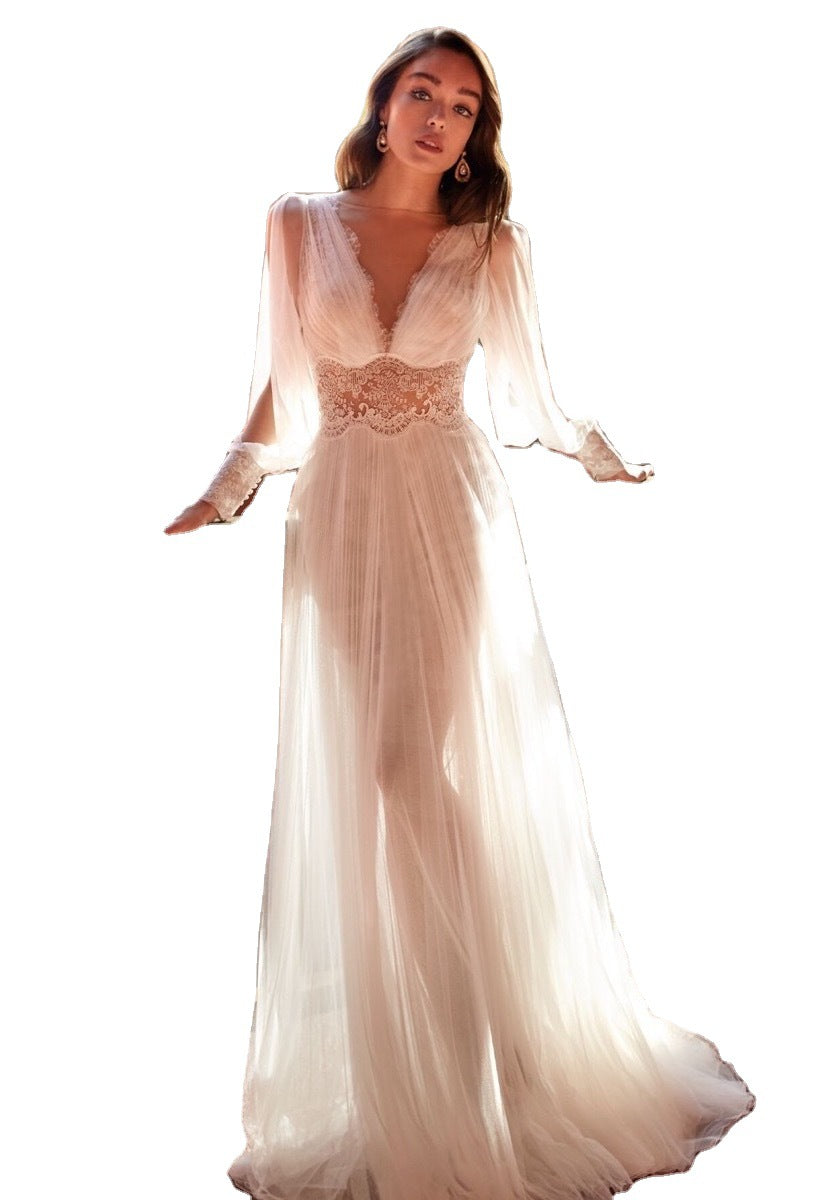 Long Sleeve Wedding Dress Long V-neck Lace Mesh Long Skirt Dress