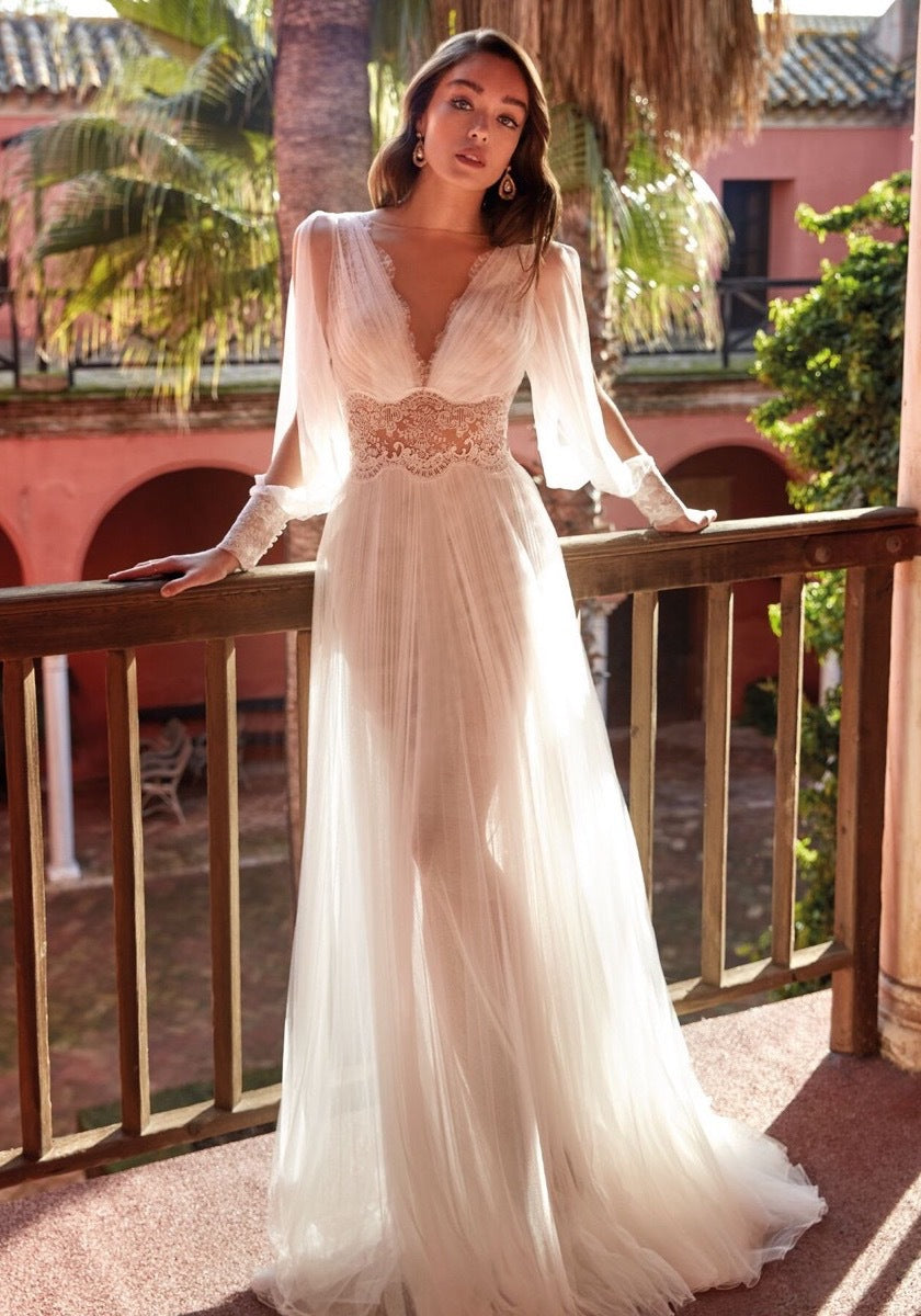 Long Sleeve Wedding Dress Long V-neck Lace Mesh Long Skirt Dress