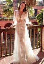 Long Sleeve Wedding Dress Long V-neck Lace Mesh Long Skirt Dress