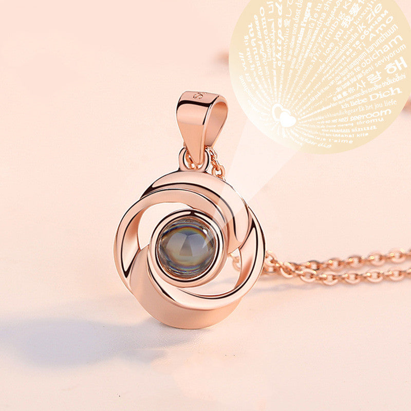 925 Sterling Silver Rose Flower Pendant Necklaces Women Trendy Projection 100 Languages LOVE Necklace Handmade Jewelry