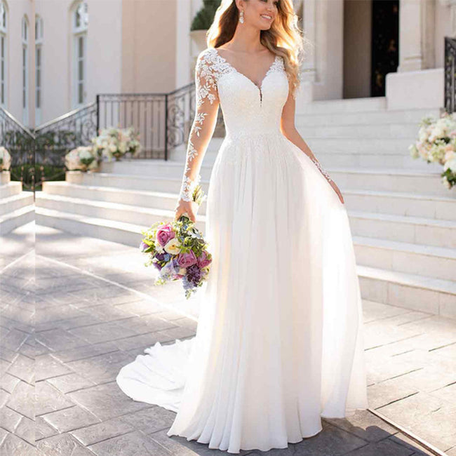 Sexy Backless Deep V-neck Wedding Dress Women White Evening Dress Hover Image