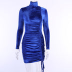 Suede Drawstring High Neck Dress Women