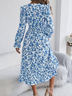 Women's Elegant Floral Cross V-Neck Waist-Defined Hem Ruffle Maxi Dress