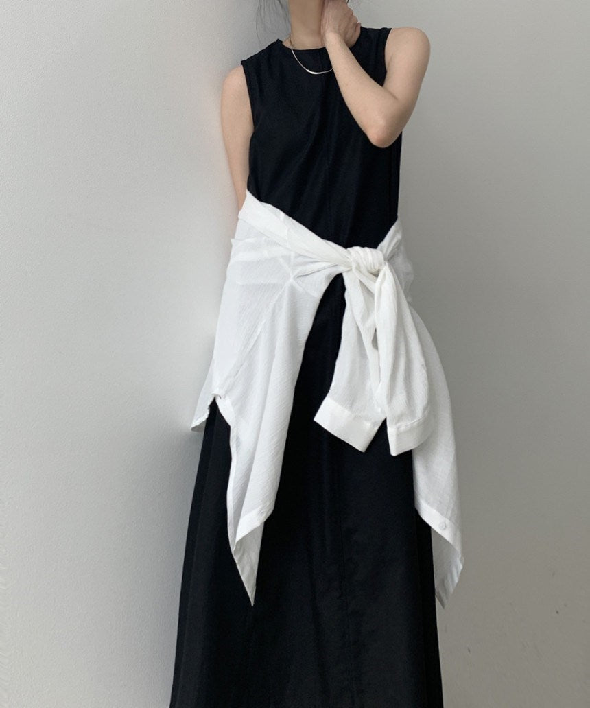 Round neck sleeveless solid color long cotton and linen dress