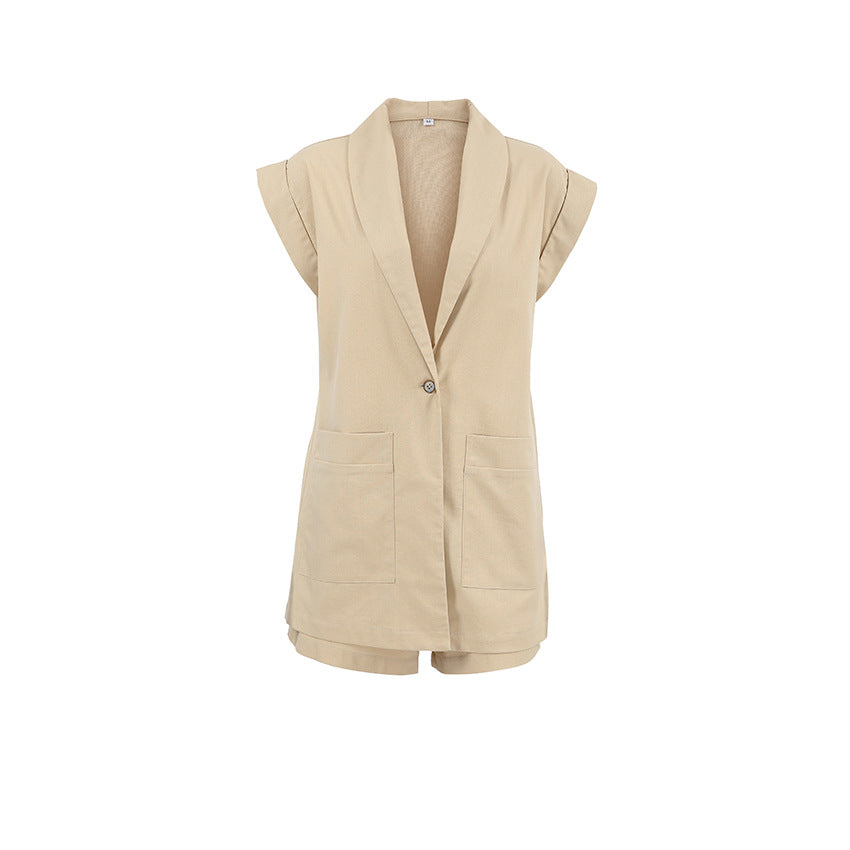 Women's British-style Suit Collar Cotton And Linen Casual Sleeveless Top And Shorts Two-piece Set