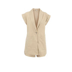 Women's British-style Suit Collar Cotton And Linen Casual Sleeveless Top And Shorts Two-piece Set