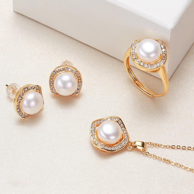 Pearl Necklace Ring Earings Set Hover Image