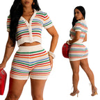 Women's New Knitted Contrast Color Short Sleeve Shorts Casual Suit Two-piece Set