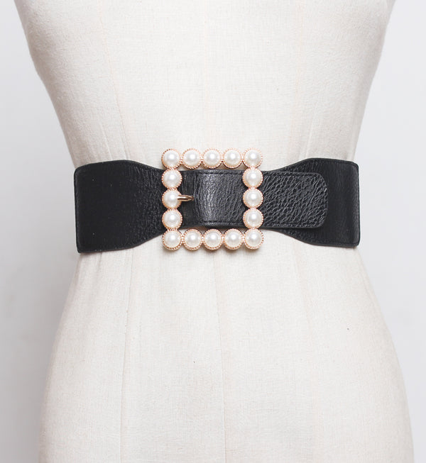 Pearl buckle black wide waist women