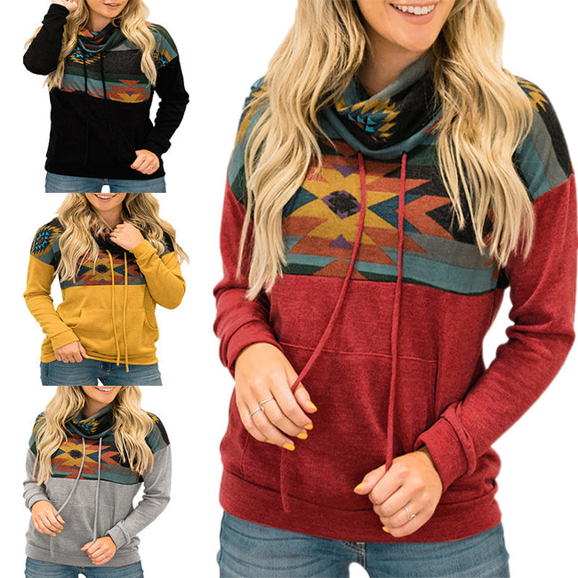 Loose Printed High Neck Hooded Sweater Women Hover Image
