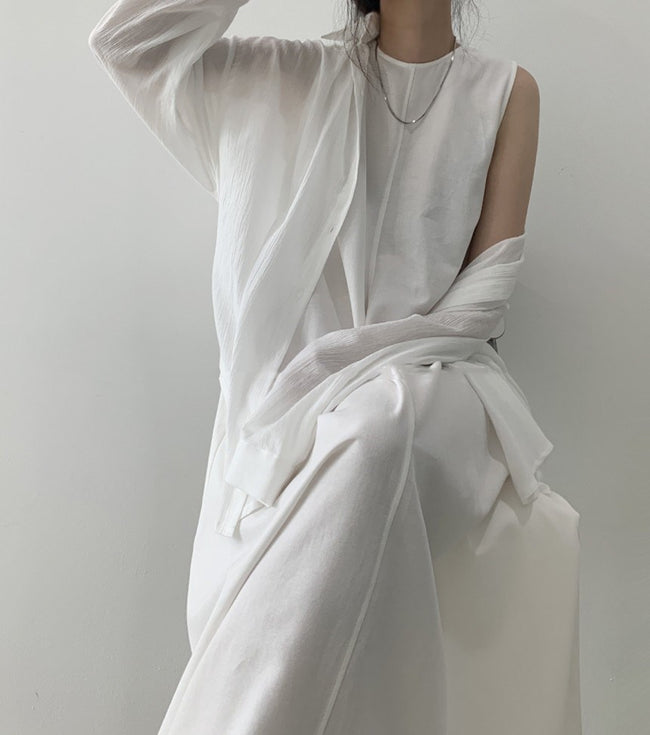 Round neck sleeveless solid color long cotton and linen dress Main Image