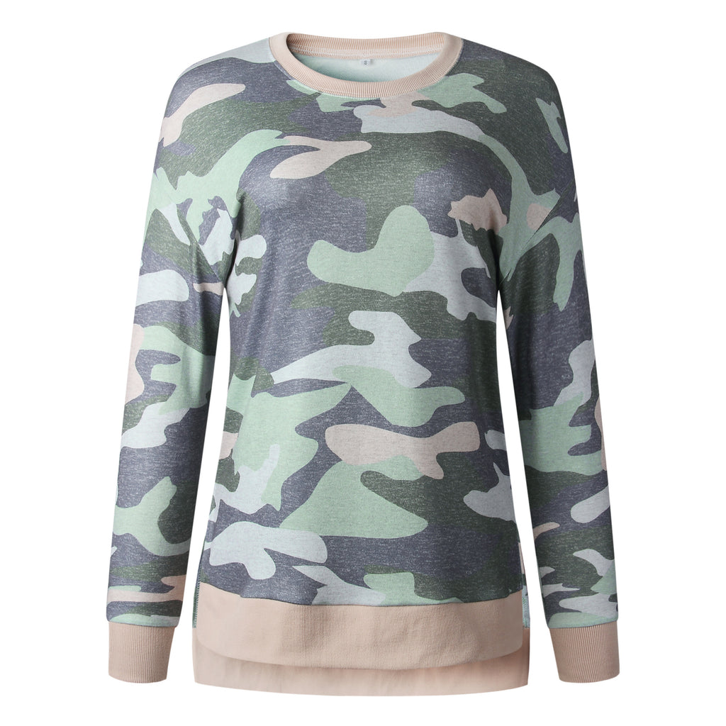 Leopard print round neck irregular long-sleeved blouse