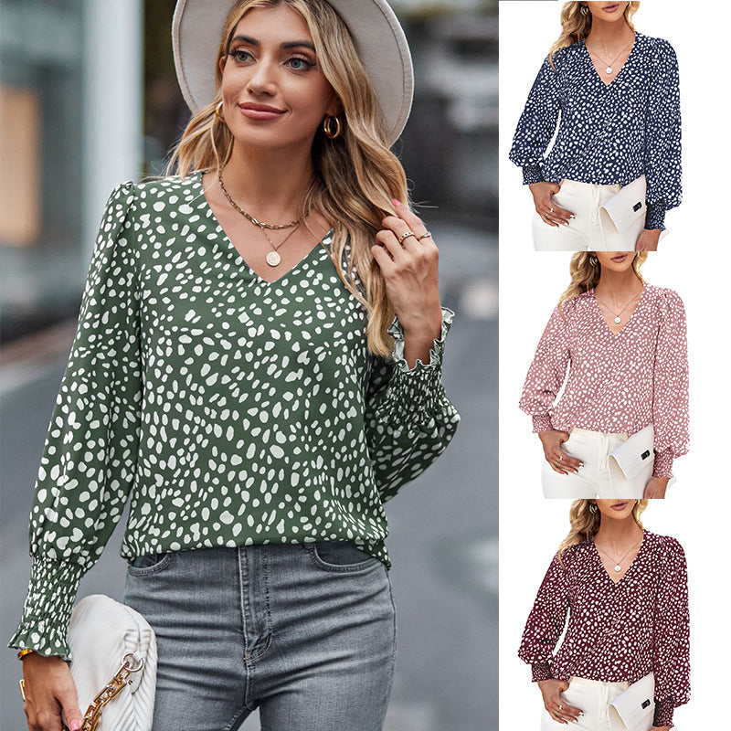Loose Printed Long Sleeve V-neck Chiffon Shirt For Women
