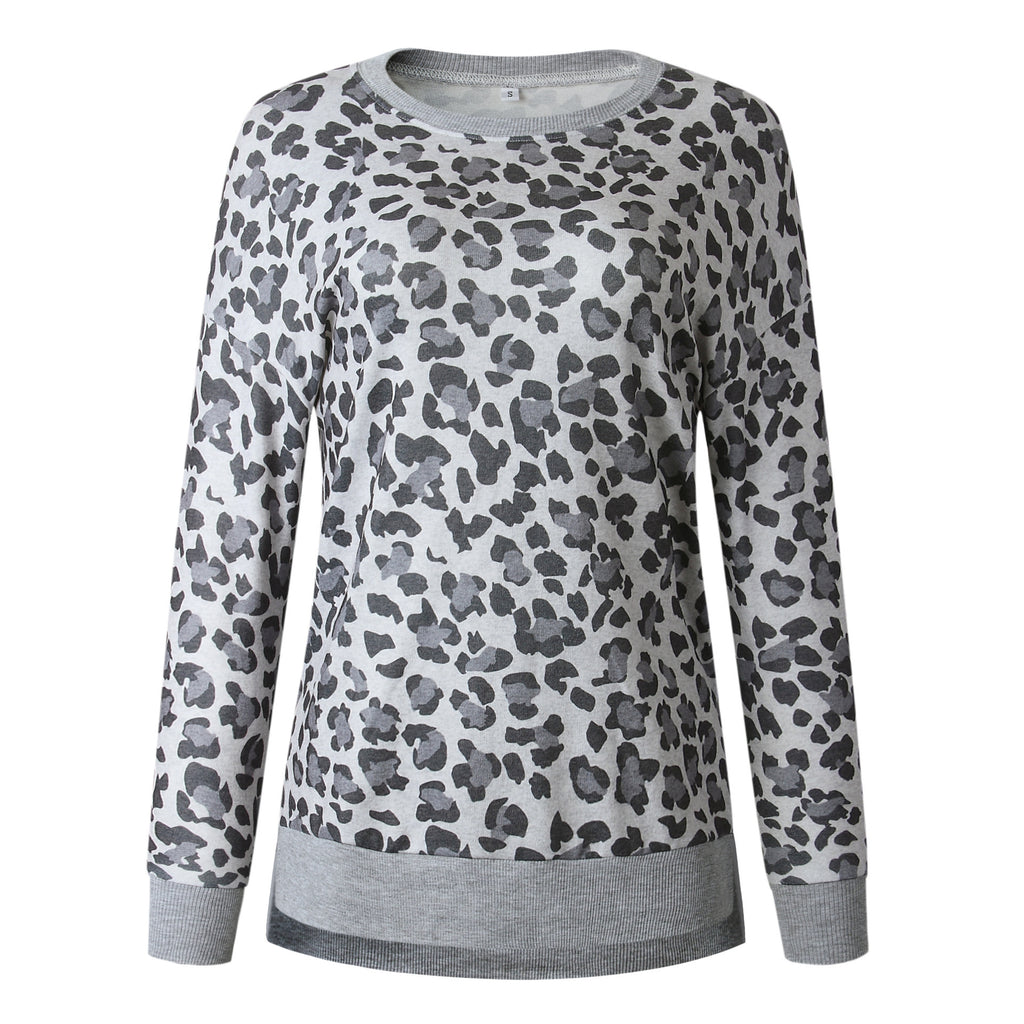 Leopard print round neck irregular long-sleeved blouse