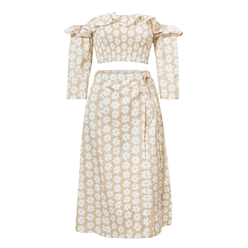 Slim ruffle dress with floral off-the-shoulder A-line dress