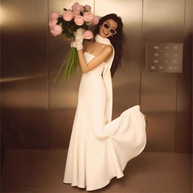 French Style White Simple Tube Top Bridal Light Wedding Dress Hover Image