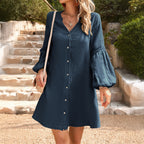 Temperament Leisure Puff Sleeve Breasted Cardigan Dress